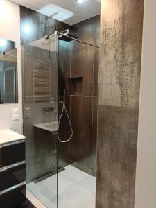 uma casa de banho com uma cabina de duche em vidro e um lavatório. em Apartament Zielony Zakątek Wrocław em Breslávia