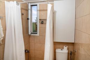 łazienka z zasłoną prysznicową i toaletą w obiekcie Seafront central Apt in Lavrio w mieście Lawrio