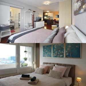1 dormitorio con 1 cama grande y sala de estar en Apartments High, en Zagreb