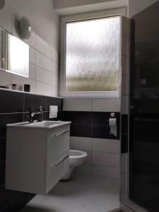 a bathroom with a sink and a toilet and a window at Apartmány Sluníčko in Nová Bystřice +46 photos
