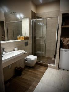 a bathroom with a shower and a toilet and a sink at Apartament Nowar in Nowa Ruda
