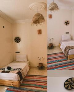 two pictures of a bedroom with two beds and a rug at CHILL SURFER HOSTEL in Tamraght Ouzdar