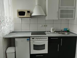 a small kitchen with a stove and a microwave at Apartmány Sluníčko in Nová Bystřice