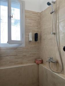 a bathroom with a shower and a sink at Lait Hostel in Ioannina