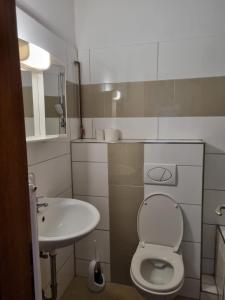 małą łazienkę z toaletą i umywalką w obiekcie Glücks Ferienwohnungen w mieście Bremerhaven