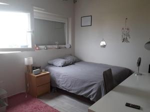 um pequeno quarto com uma cama e uma janela em Maison agréable à deux pas d’une belle plage em Lampaul-Plouarzel