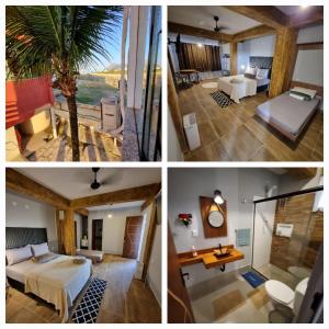 un collage di quattro foto di una camera d'albergo di Casarão da Praia - Itaipuaçu, Jardim Atlântico, Maricá a Itaipuaçu