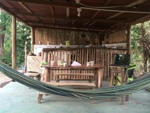 a hammock in front of a wooden cabin at La Aldea Hostel, Camping y Hamacas in Palomino