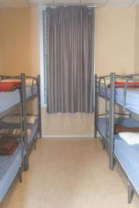 a room with three bunk beds and a window at Hostel Bardenas in Cabanillas