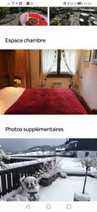 two pictures of a bedroom with a bed and snow at La terrasse du mont Blanc in Cordon