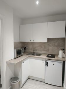 a white kitchen with a sink and a microwave at Oceanik in Dublin