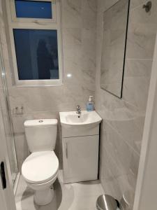 biała łazienka z toaletą i umywalką w obiekcie Oceanik w Dublinie