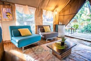 a living room with a blue couch and a chair at Curiol Boutique Hotel & Lounge in Potrero