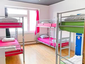 ein Schlafzimmer mit Etagenbetten in einem Hostel in der Unterkunft Urban Elephants Hostel in Bratislava