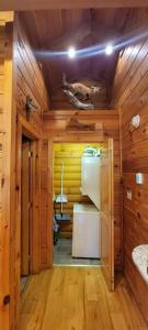 Cabaña de madera con cocina con nevera. en Mallard's Nest cabin, en Sevierville
