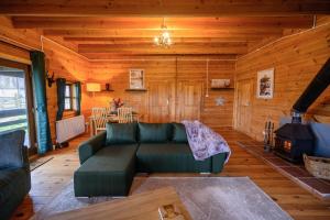 Reindeer Lodge by StayStaycations : غرفة معيشة مع أريكة خضراء ومدفأة