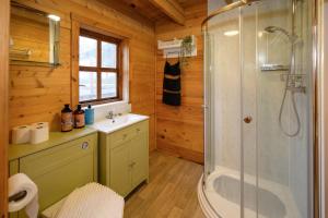 W łazience znajduje się prysznic i umywalka. w obiekcie Reindeer Lodge by StayStaycations 
