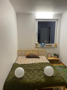 a bedroom with a large bed with a window at Cozy room in a shared apartment close to nature in Gothenburg