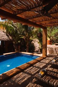 a swimming pool under a wooden pergola at Casa Sol in Zipolite