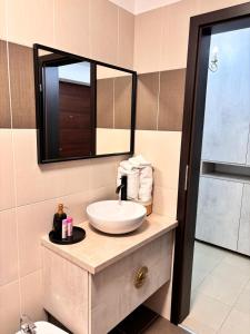 ein Badezimmer mit Waschbecken und Spiegel in der Unterkunft Premium Studio MV in Sibiu + 4 Fotos