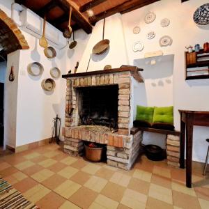 salon z kamiennym kominkiem z płytkami na ścianie w obiekcie antica abitazione con vista montagna Casa Norma w mieście Seggiano