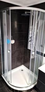 a shower with a glass door in a bathroom at Privat Cozy Room in Mudau in Mudau