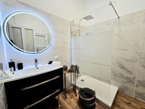 W łazience znajduje się umywalka, lustro i prysznic. w obiekcie Le victor hugo - coeur de ville w mieście Nîmes