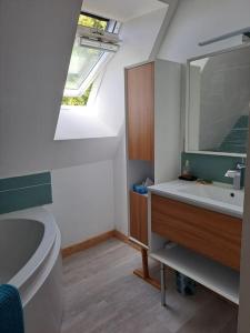 La salle de bains est pourvue d'un lavabo et d'un miroir. dans l'établissement Ferme auvergnate, à Tauves