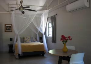 a bedroom with a bed with a ceiling fan at Acacia Cottage in Maun