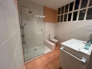 La salle de bains est pourvue d'une douche, d'un lavabo et de toilettes. dans l'établissement 2 Bedroom Apartment by Guadalquivir River, à Séville