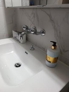 a bathroom sink with a faucet and a bottle of soap at Apartment Jolie in Interlaken +17 photos