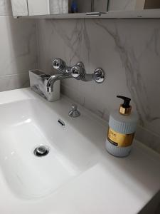 a bathroom sink with a faucet and a bottle of soap at Apartment Jolie in Interlaken