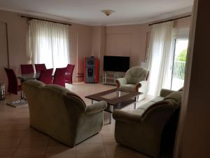 a living room with chairs and a table and a tv at Kriopigi Apartments in Kriopigi