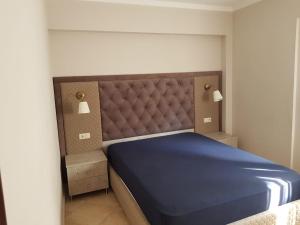 a bedroom with a blue bed with a padded headboard at Kriopigi Apartments in Kriopigi