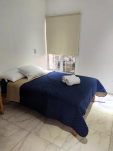 een slaapkamer met een bed met een blauw dekbed en een raam bij Departamento Puerta Dorada in Manzanillo