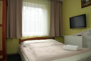 a bedroom with a bed with a television and a window at Willa Larysa Centro in Wisła