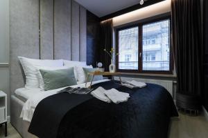 Un dormitorio con una cama grande y una ventana en Central Prestige Point, en Poznan