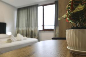 uma planta num vaso branco sobre uma mesa de madeira em Sea View Apartments em Golem