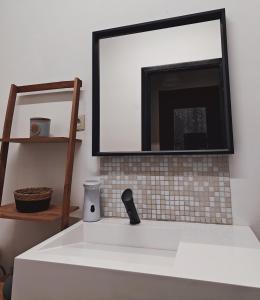 een badkamer met een witte wastafel en een spiegel bij Private Room in center of Charleroi in Charleroi