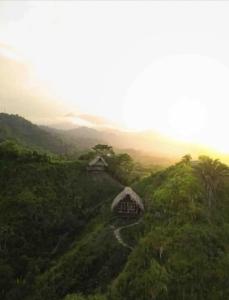 uma casa no topo de uma colina com árvores em Cabaña Vista al Mar Tayrona, A/C em Los Naranjos