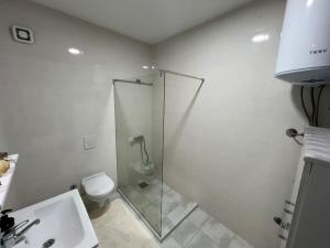 une salle de bains avec douche, toilettes et lavabo dans l'établissement J&D Apartment Prishtina - 1 double & 2 single beds, à Pristina 8 autres photos
