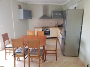 a kitchen with a table and chairs and a refrigerator at Kriopigi Apartments 2 in Kriopigi