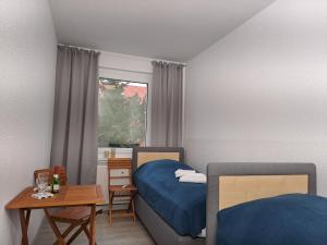 a bedroom with a bed and a table and a window at BurgK59, 3 BR, 6 Beds, TV, Kitchen and Bath in Muldenstein