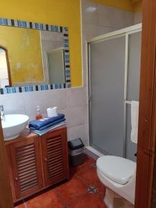 y baño con aseo, lavabo y ducha. en hotel posada Gutierrez antigua, en Antigua Guatemala