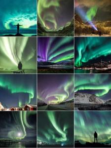 un collage di immagini diverse dell’aurora boreale di Sortland Camping og Motell AS a Sortland