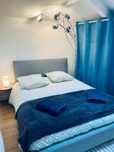 um quarto com uma cama com um cobertor azul em Appartement Le Tivoli proche du centre em Albi