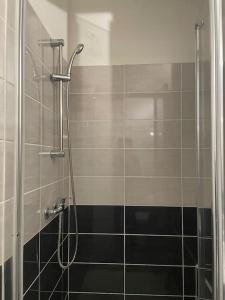 La salle de bains est pourvue d'une douche avec une porte en verre. dans l'établissement Appartement Le Tivoli proche du centre, à Albi