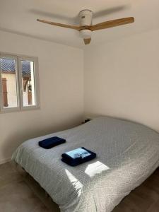een slaapkamer met een bed met twee blauwe handdoeken erop bij Magnifique maison proche lac avec piscine chauffée in Sanguinet
