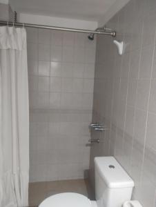 y baño con aseo y cortina de ducha. en Dpto Microcentro, vista panoramica en La Rioja