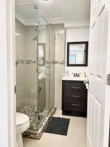 een badkamer met een douche, een toilet en een wastafel bij Cozy and sweet home in Miami
